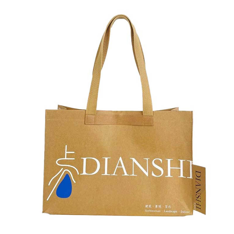 Beg tote kertas kraft yang boleh dibasuh dengan poket dalaman