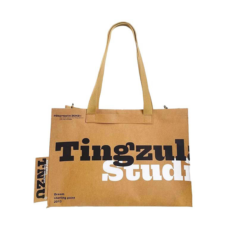 Beg tote kertas kraft yang boleh dibasuh dengan poket